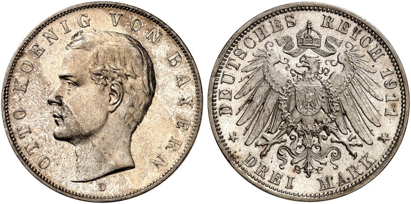 BAYERN. Otto II., 1886-1913. J. 47, EPA 3/4 
3 Mark 1911. schöne Patina, f. St