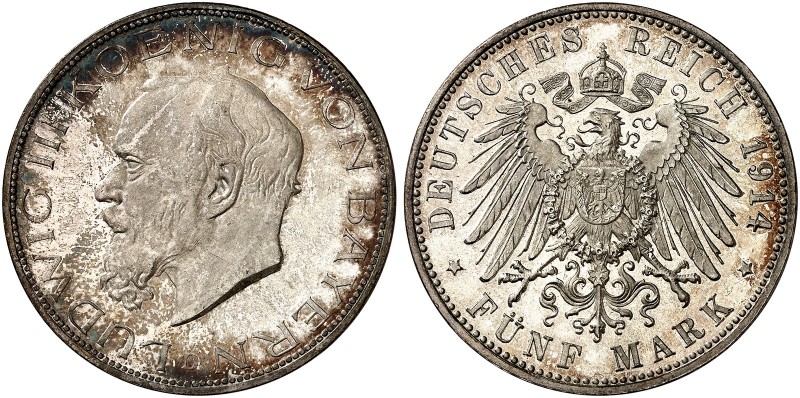 BAYERN. Ludwig III., 1913-1918. J. 53, EPA 5/16 
5 Mark 1914. schöne Patina, EA...