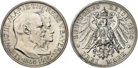 BAYERN. Ludwig III., 1913-1918. J. 54, EPA 3/8 
3 Mark 1918, zur Goldenen Hochzeit. eines der schönsten uns bekanntes Exemplar ! winz. Kr., St mitPap...