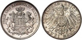 HAMBURG. J. 63, EPA 2/18 
2 Mark 1893. schöne Patina, winz. Kr., f. St