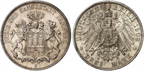 HAMBURG. J. 64, EPA 3/11 
3 Mark 1908. schöne Patina, kl. Kr., f. St