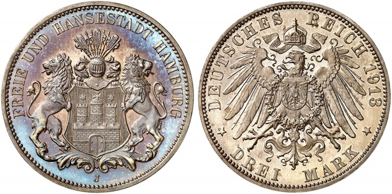 HAMBURG. J. 64, EPA 3/11 
3 Mark 1913. Kabinettstück ! schöne Patina, PP