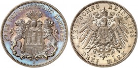HAMBURG. J. 64, EPA 3/11 
3 Mark 1913. Kabinettstück ! schöne Patina, PP