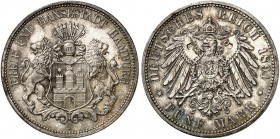 HAMBURG. J. 65, EPA 5/21 
5 Mark 1891. Prachtexemplar ! schöne Patina, St