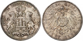 HAMBURG. J. 65, EPA 5/21 
5 Mark 1899. schöne Patina, f. St