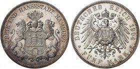 HAMBURG. J. 65, EPA 5/21 
5 Mark 1904. Prachtexemplar ! schöne Patina, PP