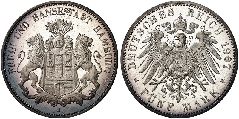 HAMBURG. J. 65, EPA 5/21 
5 Mark 1907. schöne Patina, PP