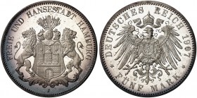 HAMBURG. J. 65, EPA 5/21 
5 Mark 1907. schöne Patina, PP