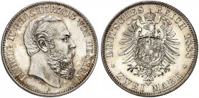 HESSEN. Ludwig IV., 1877-1892. J. 68, EPA 2/20 
2 Mark 1888. Prachtexemplar ! f. St