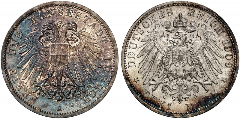 LÜBECK. J. 82, EPA 3/15 
3 Mark 1909. schöne Patina, f. St