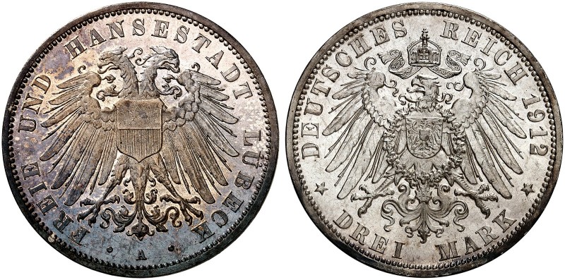 LÜBECK. J. 82, EPA 3/15 
3 Mark 1912. schöne Patina, f. St