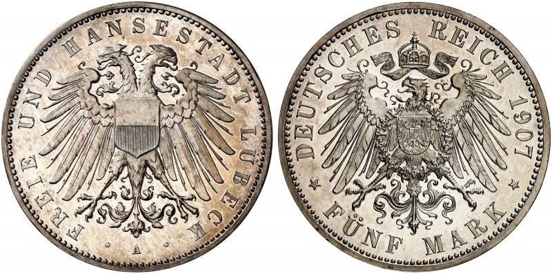 LÜBECK. J. 83, EPA 5/27 
5 Mark 1907. Prachtexemplar ! PP