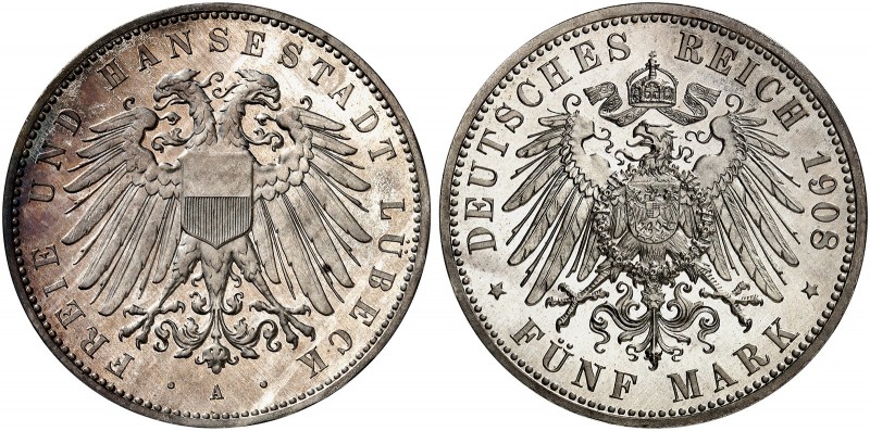 LÜBECK. J. 83, EPA 5/27 
5 Mark 1908. Prachtexemplar ! PP