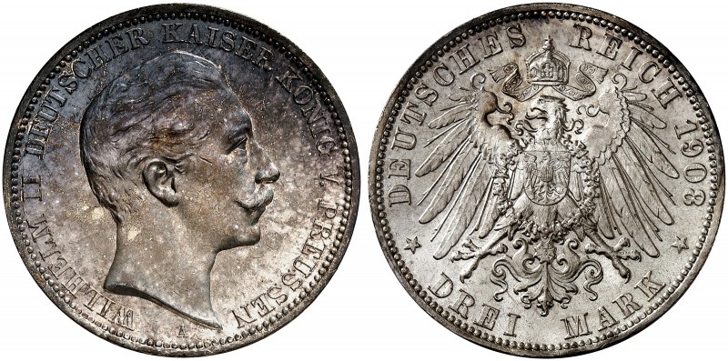 PREUSSEN. Wilhelm II., 1888-1918. J. 103, EPA 3/18 
3 Mark 1908. schöne Patina,...