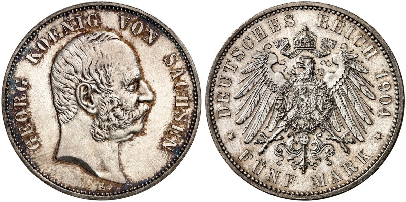 SACHSEN. Georg, 1902-1904. J. 130, EPA 5/44 
5 Mark 1904. schöne Patina, kl. Kr...