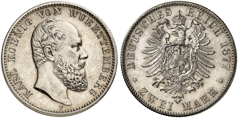 WÜRTTEMBERG. Karl, 1864-1891. J. 172, EPA 2/73 
2 Mark 1877. schöne Patina, St...