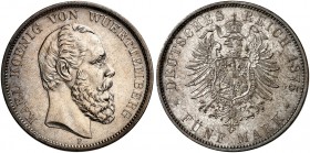 WÜRTTEMBERG. Karl, 1864-1891. J. 173, EPA 5/59 
5 Mark 1875. kl. Kr., vz - St