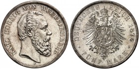 WÜRTTEMBERG. Karl, 1864-1891. J. 173, EPA 5/59 
5 Mark 1876. kl. Kr., Randstab min. bearbeitet, f. St