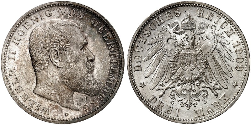 WÜRTTEMBERG. Wilhelm II., 1891-1918. J. 175, EPA 3/35 
3 Mark 1909. schöne Pati...