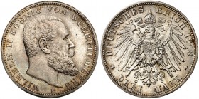 WÜRTTEMBERG. Wilhelm II., 1891-1918. J. 175, EPA 3/35 
3 Mark 1913. Prachtexemplar ! schöne Patina, f. St