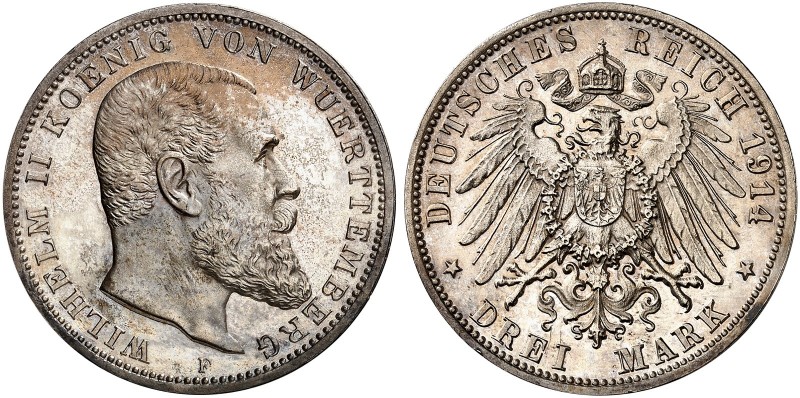 WÜRTTEMBERG. Wilhelm II., 1891-1918. J. 175, EPA 3/35 
3 Mark 1914. winz. Kr., ...