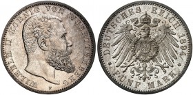 WÜRTTEMBERG. Wilhelm II., 1891-1918. J. 176, EPA 5/60 
5 Mark 1894. der seltenste Jahrgang ! in dieser Erhaltung sehr selten ! vz - St