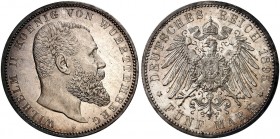 WÜRTTEMBERG. Wilhelm II., 1891-1918. J. 176, EPA 5/60 
5 Mark 1895. Prachtexemplar ! winz. Kr., St