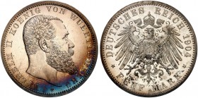WÜRTTEMBERG. Wilhelm II., 1891-1918. J. 176, EPA 5/60 
5 Mark 1904. schöne Patina, winz. Kr., PP