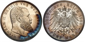 WÜRTTEMBERG. Wilhelm II., 1891-1918. J. 176, EPA 5/60 
5 Mark 1906. seltener Jahrgang ! schöne Patina, winz. Kr., PP