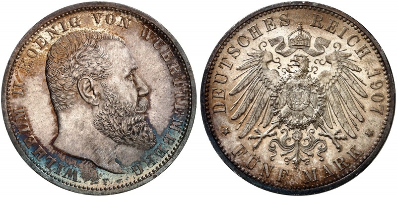 WÜRTTEMBERG. Wilhelm II., 1891-1918. J. 176, EPA 5/60 
5 Mark 1907. schöne Pati...