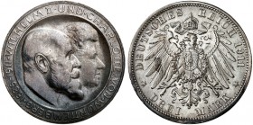WÜRTTEMBERG. Wilhelm II., 1891-1918. J. 177a, EPA 3/36 
3 Mark 1911, zur Silberhochzeit mit Charlotte. schöne Patina, f. St