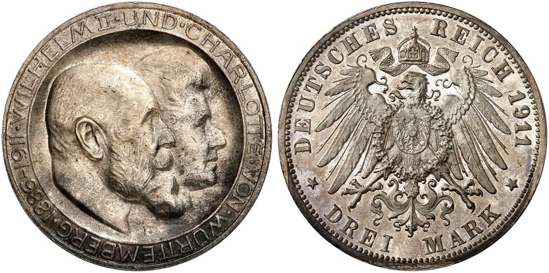 WÜRTTEMBERG. Wilhelm II., 1891-1918. J. 177b, EPA 3/37 
3 Mark 1911, zur Silber...