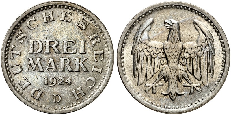 KURS - UND GEDENKMÜNZEN. J. 312, EPA 3/41 
3 Mark 1924 D. vz - St