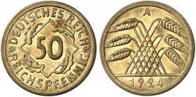 KURS - UND GEDENKMÜNZEN. J. 318, EPA 50 
50 Reichspfennig 1924 A. in dieser Erhaltung sehr selten ! vz / f. St