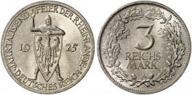 KURS - UND GEDENKMÜNZEN. J. 321, EPA 3/42 
3 RM 1925 A, Rheinlande. winz. Kr., f. St