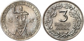 KURS - UND GEDENKMÜNZEN. J. 321, EPA 3/42 
3 RM 1925 F Rheinlande. f. St
