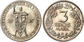 KURS - UND GEDENKMÜNZEN. J. 321, EPA 3/42 
3 RM 1925 G, Rheinlande. kl. Kr., f. St