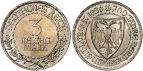KURS - UND GEDENKMÜNZEN. J. 323, EPA 3/43 
3 RM 1926 A, Lübeck. kl. Kr., f. St