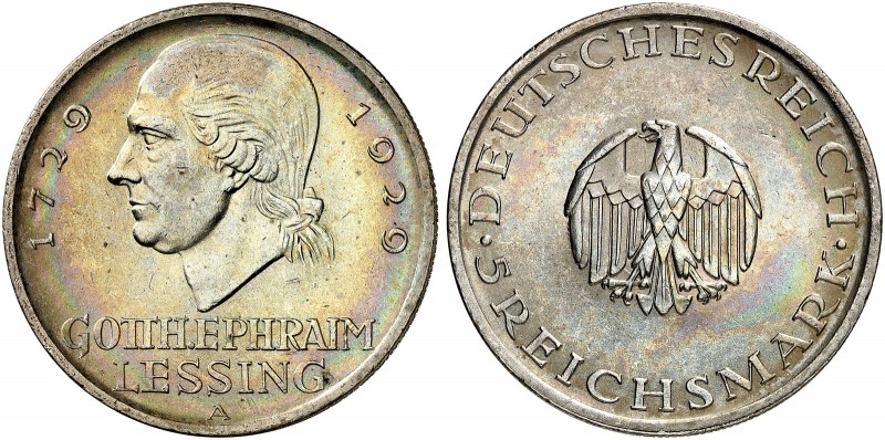 KURS - UND GEDENKMÜNZEN. J. 336, EPA 5/65 
5 RM 1929 A, Lessing. schöne Patina,...