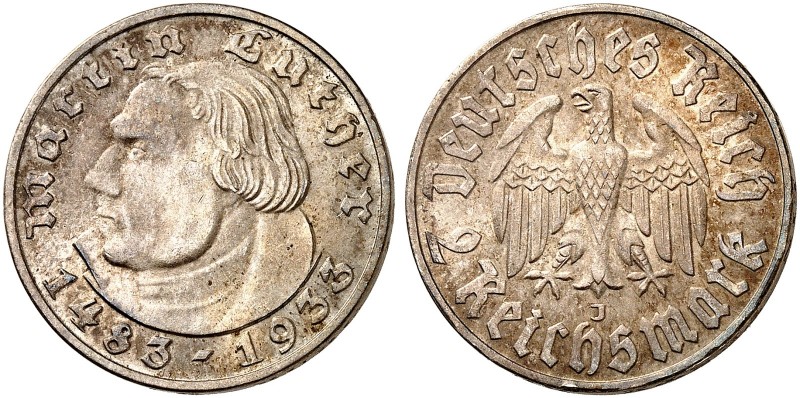 J. 352, EPA 2/76 
2 RM 1933 J, Luther. schöne Patina, winz. Kr., f. St