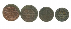 Friedrich I. 1852 - 1907
Deutschland, Baden-Durlach. Lot. 4 Stück 1/2 Kreuzer 1852/60/63/67
ges. 11,16g
J. 44c,80,81,82
ss