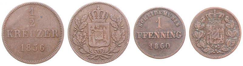 Maximilian II. 1848 - 1864
Deutschland, Bayern. Lot. 2 Stück 1 Pfennig 1860/56, ...