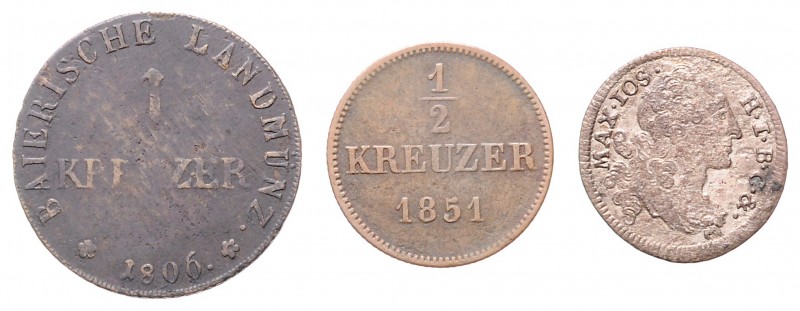 Diverse
Deutschland, Bayern. Lot. 3 Stück, 3 Kreuzer 1764, 1/2 Kreuzer 1851, 1 K...