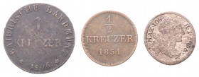 Diverse
Deutschland, Bayern. Lot. 3 Stück, 3 Kreuzer 1764, 1/2 Kreuzer 1851, 1 Kreuzer 1806
ss