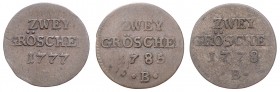 Friedrich II. der Große 1740 - 1786
Deutschland, Brandenburg-Preußen. Lot. 3 Stück 2 Gröschl 1771/75/78
ges. 3,38g
Schön 78
sgh/s