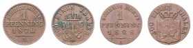 Diverse
Deutschland, Brandenburg-Preußen. Lot. 2 Stück 1 Pfennig 1828 und 1870
ss