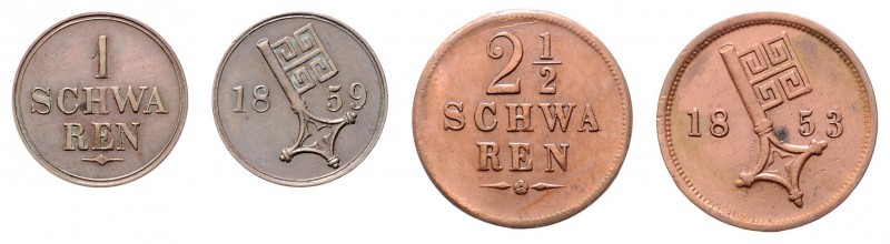 Stadt
Deutschland, Bremen. Lot. 2 Stück, 1 + 2 1/2 Schwaren 1853/59
Jaeger 15,17...