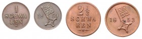 Stadt
Deutschland, Bremen. Lot. 2 Stück, 1 + 2 1/2 Schwaren 1853/59
Jaeger 15,17.
1x zapponiert
vz
