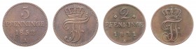 Lot
Deutschland, Mecklenburg-Schwerin. 2 Stück 2 Pfennig 1831/52. Jaeger 38, 56.
ss