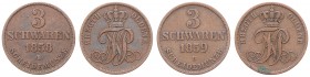 Paul Friedrich August 1829 - 1853
Deutschland, Oldenburg. Lot. 2 Stück 3 Schwaren 1858/59 B
ges. 7,45g
J. 50
ss